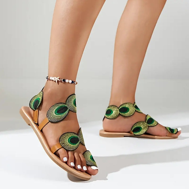 Elegant Women's Sandals – Beautiful Peacock Pattern for Sophisticated Style