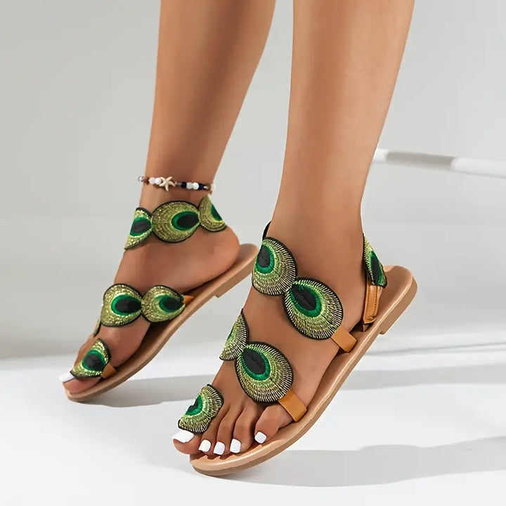 Elegant Women's Sandals – Beautiful Peacock Pattern for Sophisticated Style