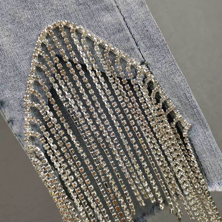 Rhinestone Fringed Jeans – Trendy & Chic Statement Denim
