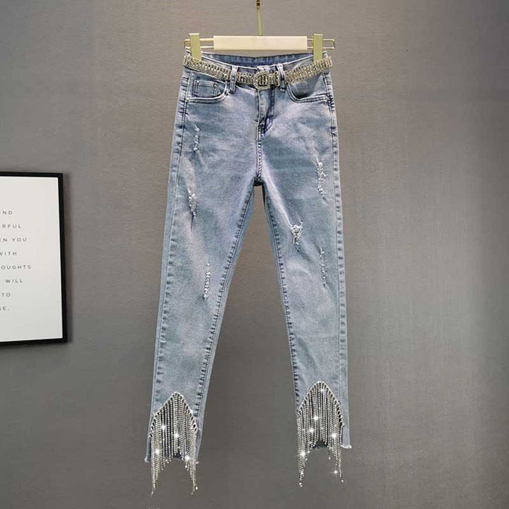 Rhinestone Fringed Jeans – Trendy & Chic Statement Denim