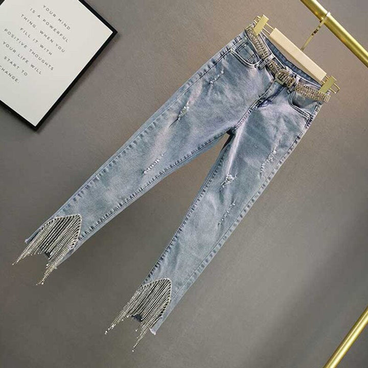 Rhinestone Fringed Jeans – Trendy & Chic Statement Denim