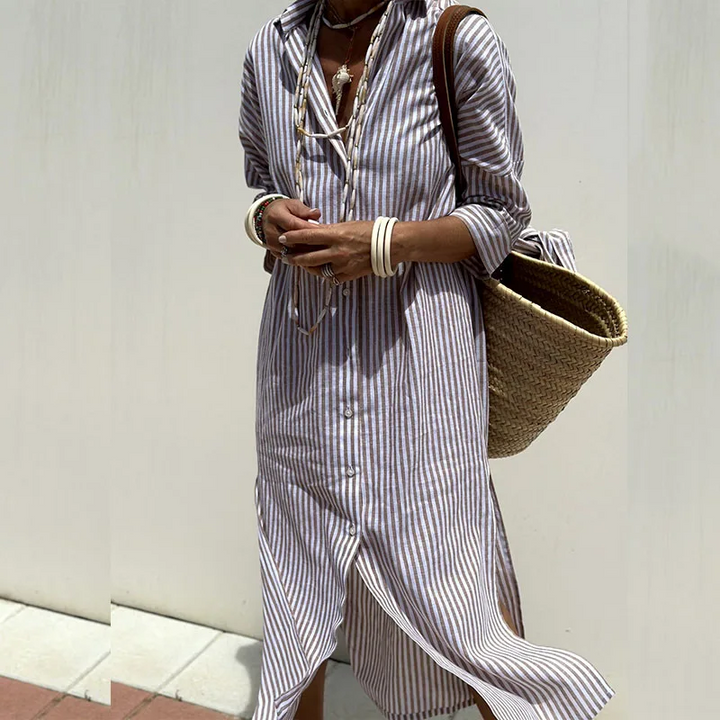 Elegant Striped Shirt Dress – Sophisticated & Timeless Style