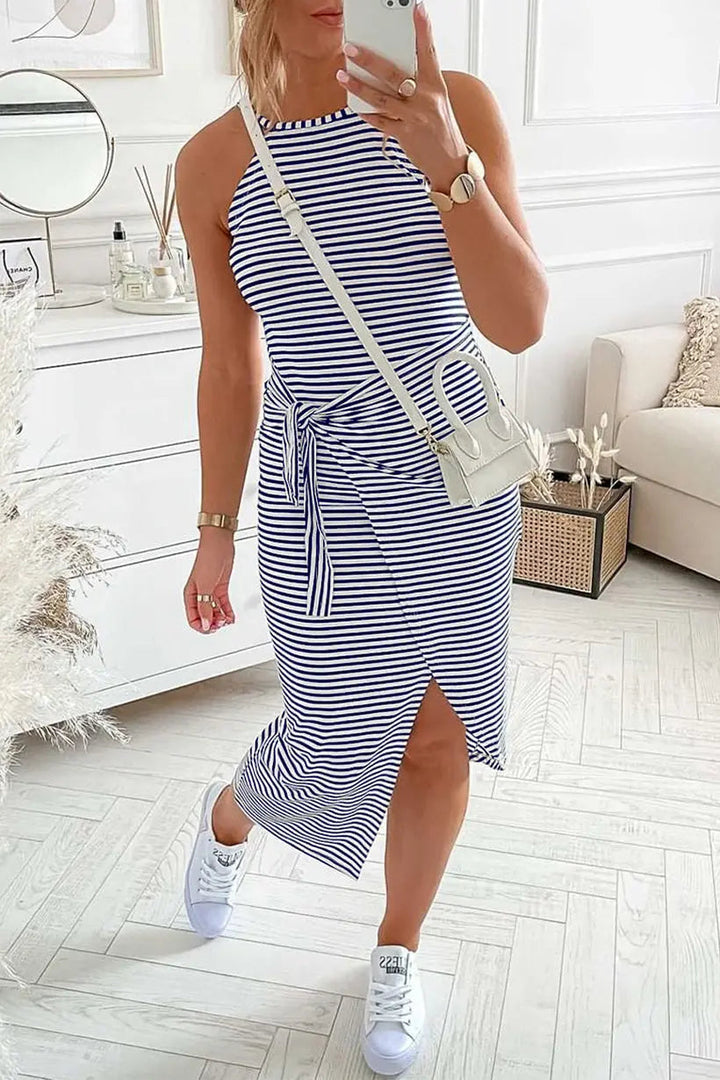 Striped Halter Neck T-Shirt Dress – Trendy & Comfortable Summer Staple
