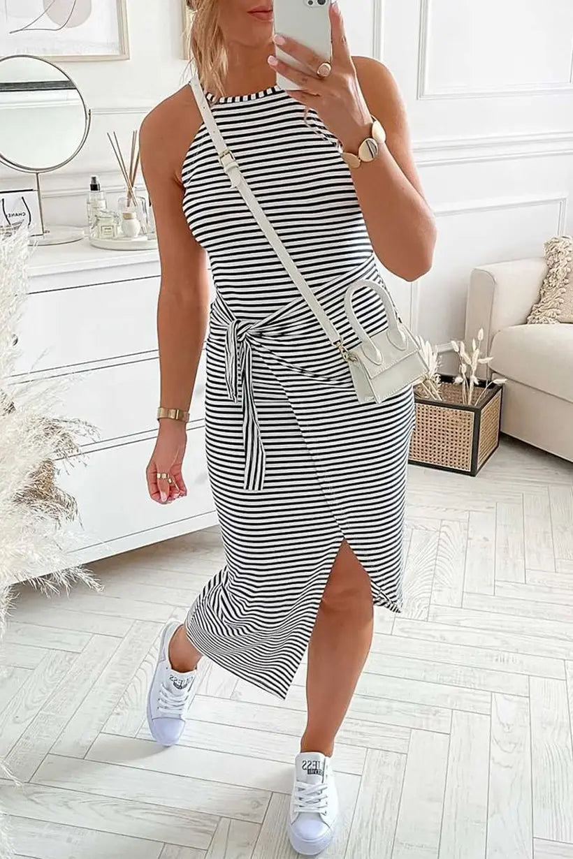 Striped Halter Neck T-Shirt Dress – Trendy & Comfortable Summer Staple