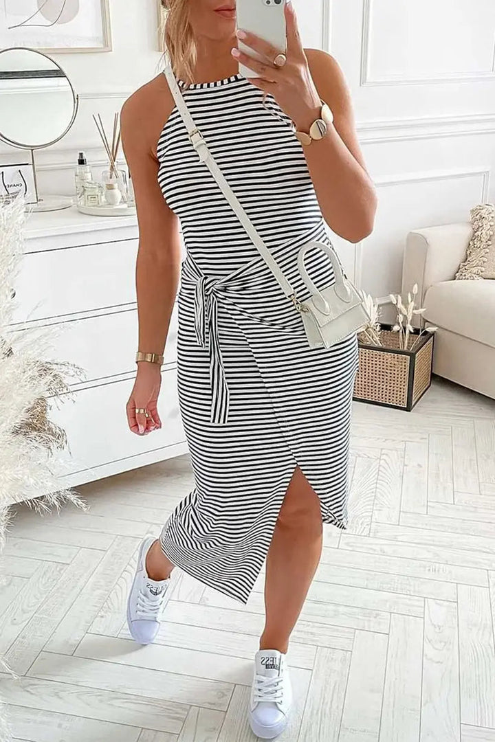 Striped Halter Neck T-Shirt Dress – Trendy & Comfortable Summer Staple