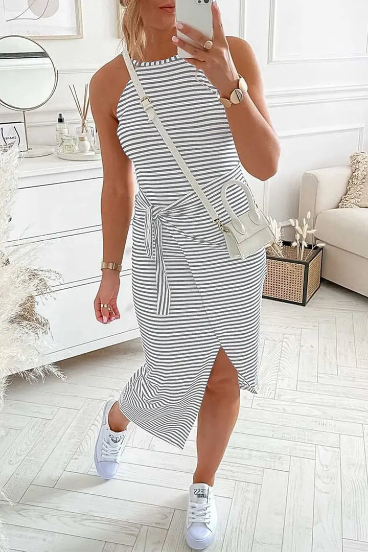 Striped Halter Neck T-Shirt Dress – Trendy & Comfortable Summer Staple