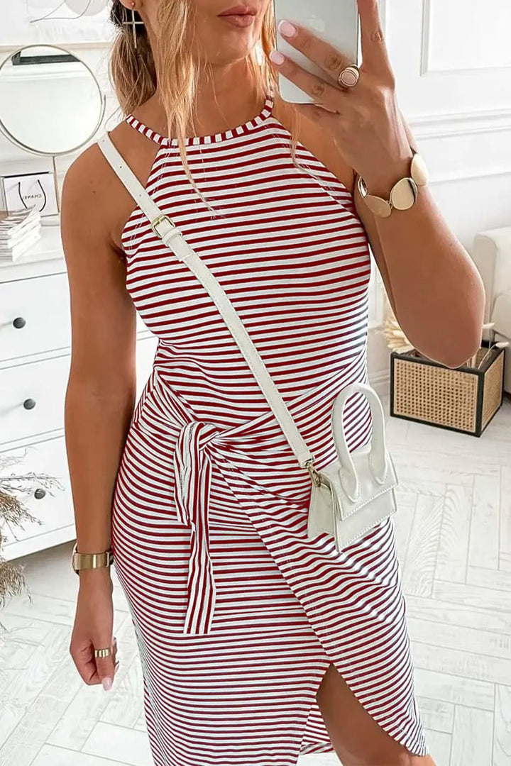 Striped Halter Neck T-Shirt Dress – Trendy & Comfortable Summer Staple