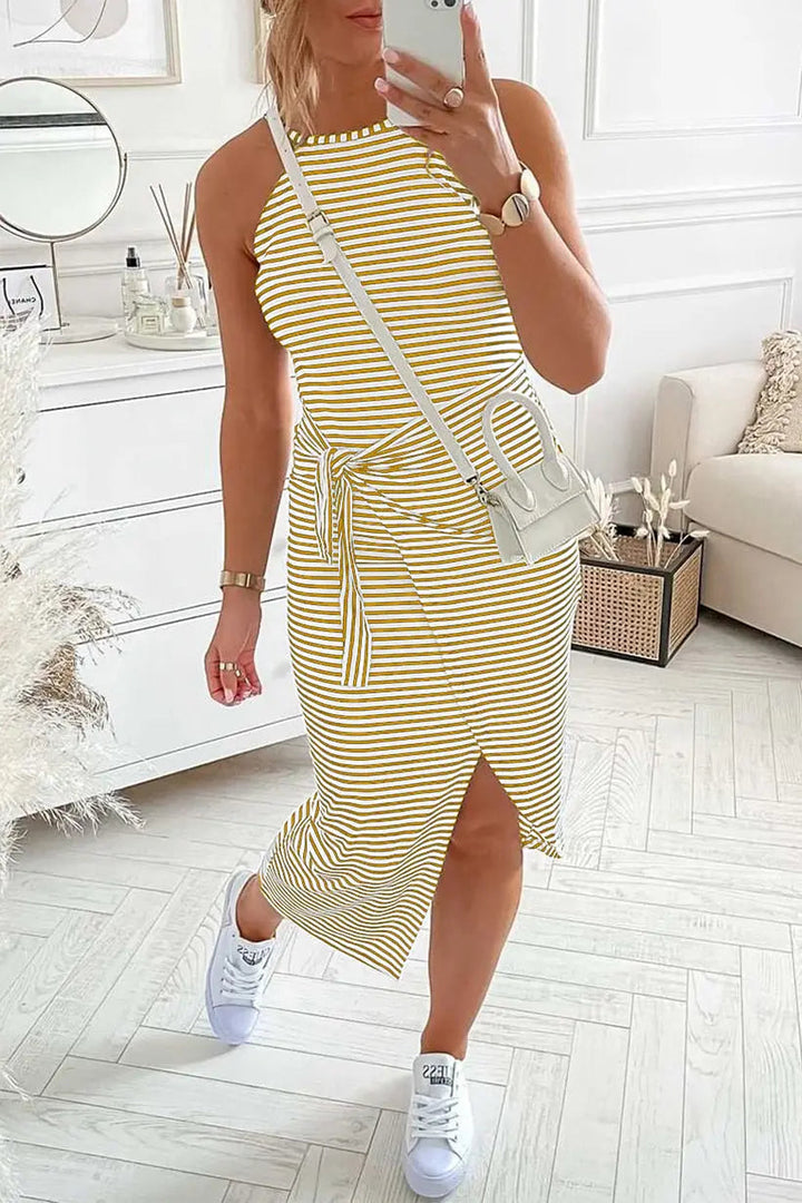 Striped Halter Neck T-Shirt Dress – Trendy & Comfortable Summer Staple