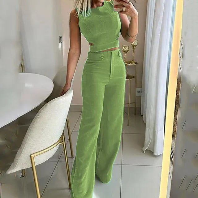 Chic Cropped Top and High Waist Pants Set – Trendy Summer Outfit