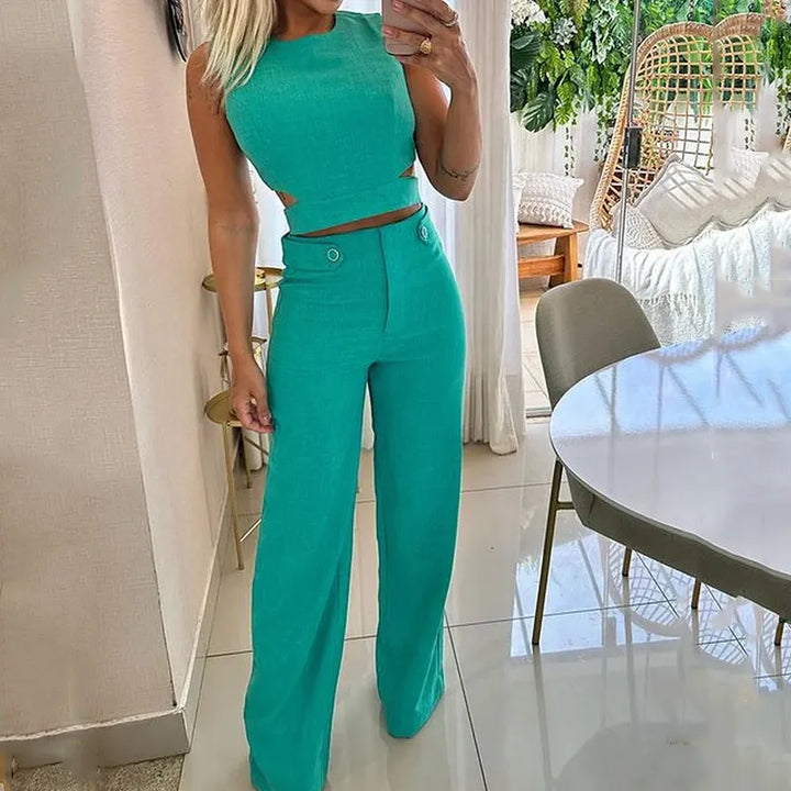 Chic Cropped Top and High Waist Pants Set – Trendy Summer Outfit